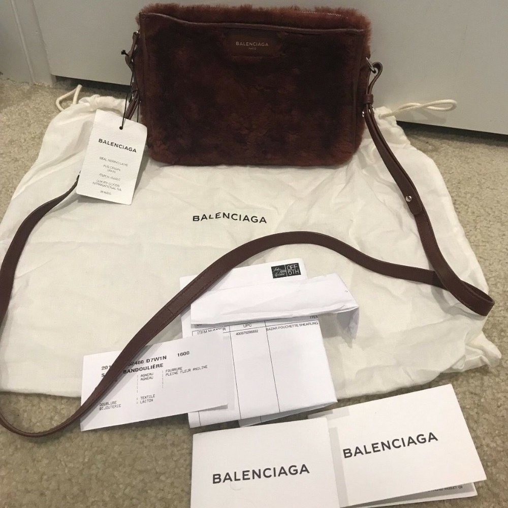 Balenciaga Bordeaux Shearling Pouchette Bag NWT